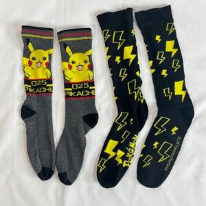 Pokémon Pikachu Socks 2 Pair Set Medium Grey & Black Lightning Bolt Crew
